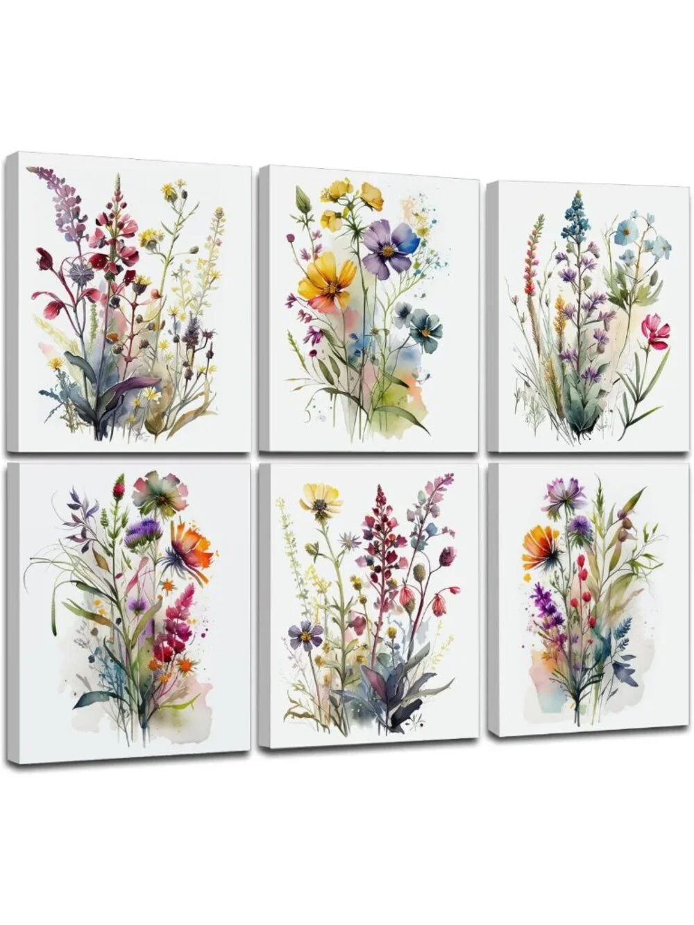 Colorful Wildflower Canvas Art Set of 6 | Botanical Watercolor Floral Decor